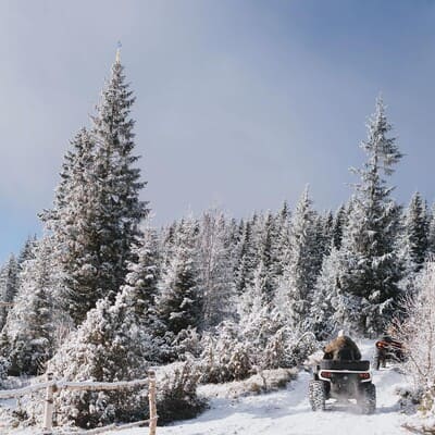 Два квадроцикла їдуть по засніженому полю в Яремче, заїжджаючи в зимовий ліс Карпат